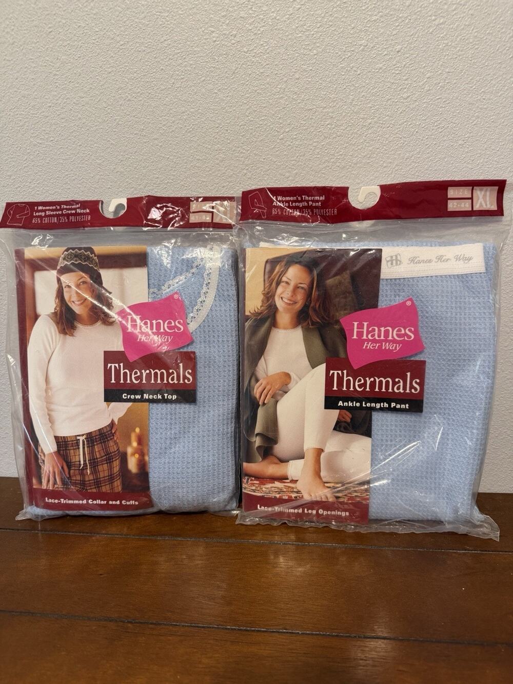 Vintage Hanes Thermal crew neck top ankle bottoms light blue sz XL Y2K 2002 NIP